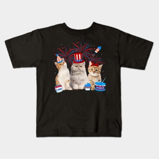 Happy 4th Of July Three Cat US Flag Patriotic Cats Lover Kids T-Shirt